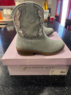 Madden Girl Light Blue Denim Kids Western Boots with Glitter Trim